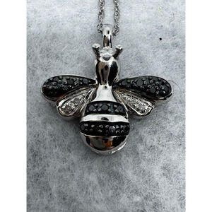 Natural Mined Black Diamond and Sterling Silver Bee Necklace